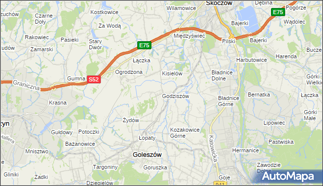 mapa Godziszów gmina Goleszów, Godziszów gmina Goleszów na mapie Targeo