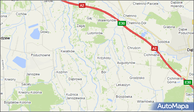 mapa Krzykosy gmina Dąbie, Krzykosy gmina Dąbie na mapie Targeo