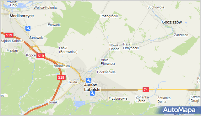 mapa Biała Pierwsza gmina Janów Lubelski, Biała Pierwsza gmina Janów Lubelski na mapie Targeo