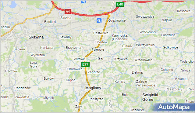 mapa Gaj gmina Mogilany, Gaj gmina Mogilany na mapie Targeo