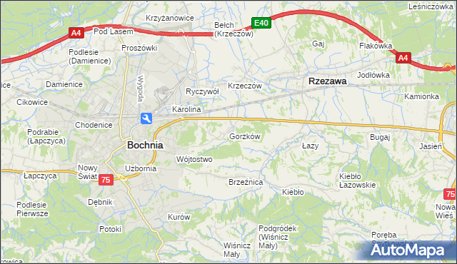 mapa Gorzków gmina Bochnia, Gorzków gmina Bochnia na mapie Targeo