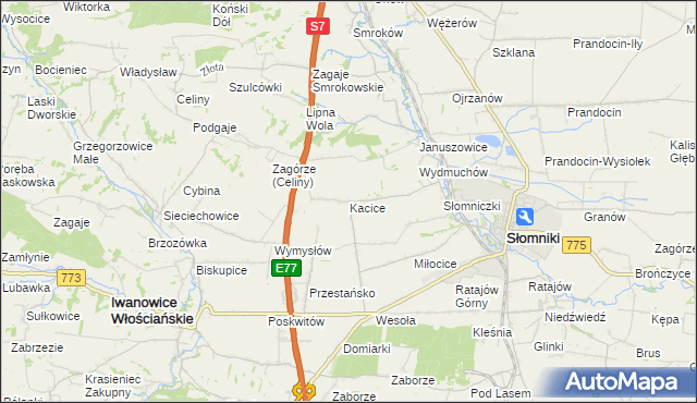 mapa Kacice gmina Słomniki, Kacice gmina Słomniki na mapie Targeo