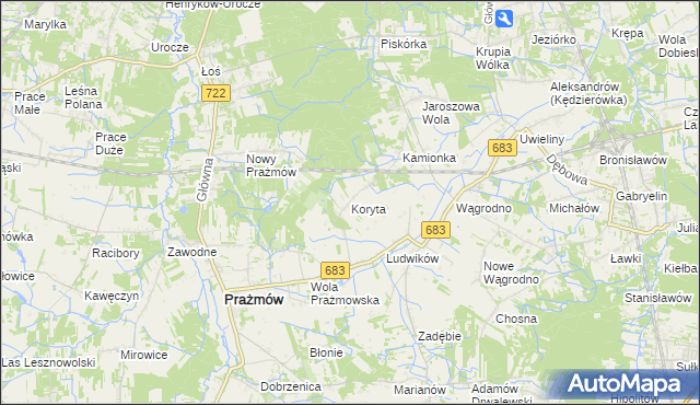 mapa Koryta gmina Prażmów, Koryta gmina Prażmów na mapie Targeo