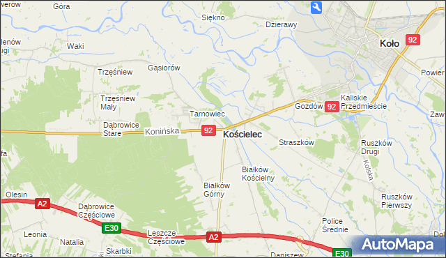 mapa Kościelec powiat kolski, Kościelec powiat kolski na mapie Targeo