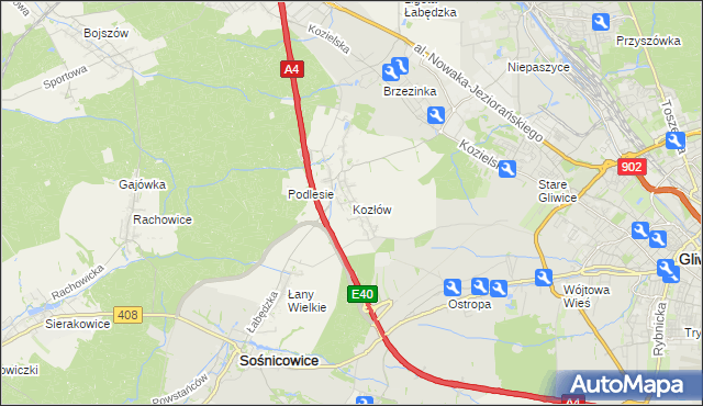 mapa Kozłów gmina Sośnicowice, Kozłów gmina Sośnicowice na mapie Targeo