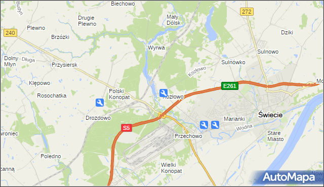 mapa Kozłowo gmina Świecie, Kozłowo gmina Świecie na mapie Targeo