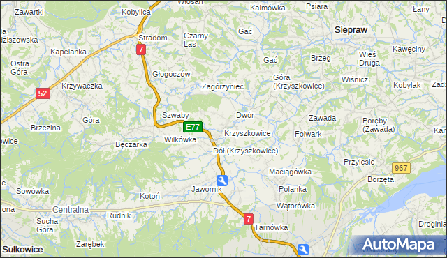 mapa Krzyszkowice gmina Myślenice, Krzyszkowice gmina Myślenice na mapie Targeo