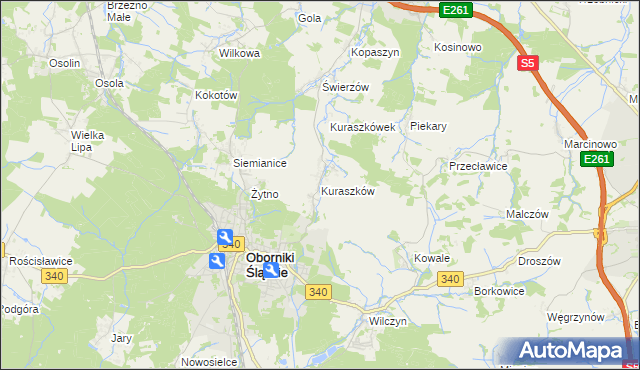 mapa Kuraszków gmina Oborniki Śląskie, Kuraszków gmina Oborniki Śląskie na mapie Targeo