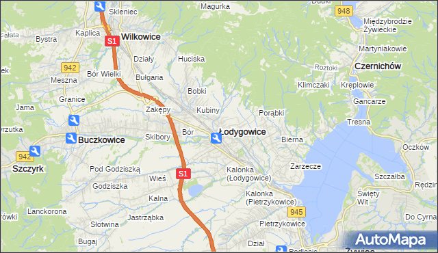 mapa Łodygowice powiat żywiecki, Łodygowice powiat żywiecki na mapie Targeo