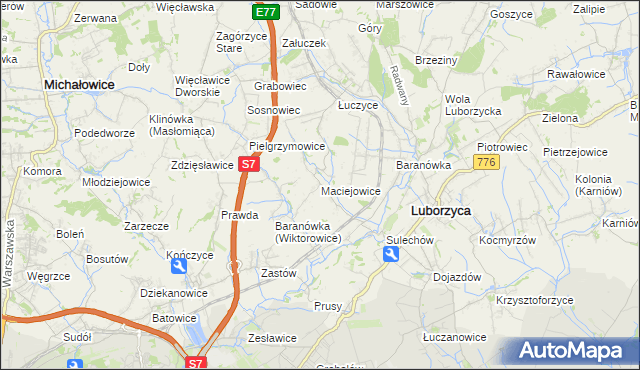 mapa Maciejowice gmina Kocmyrzów-Luborzyca, Maciejowice gmina Kocmyrzów-Luborzyca na mapie Targeo