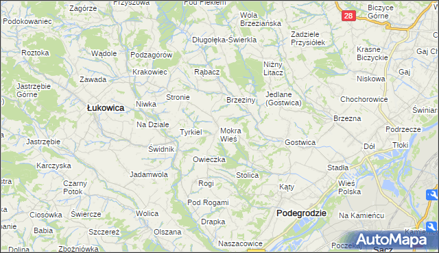 mapa Mokra Wieś gmina Podegrodzie, Mokra Wieś gmina Podegrodzie na mapie Targeo