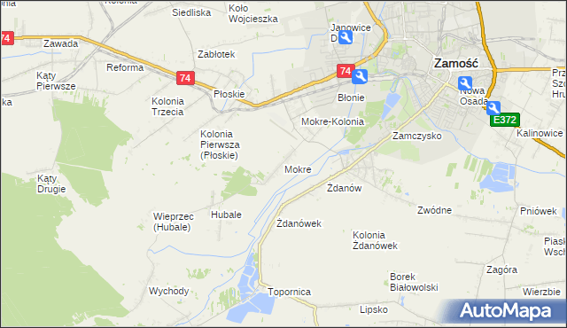 mapa Mokre gmina Zamość, Mokre gmina Zamość na mapie Targeo
