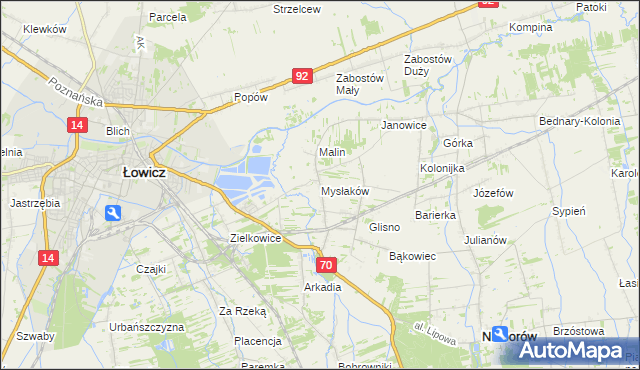 mapa Mysłaków gmina Nieborów, Mysłaków gmina Nieborów na mapie Targeo