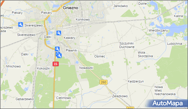 mapa Osiniec gmina Gniezno, Osiniec gmina Gniezno na mapie Targeo