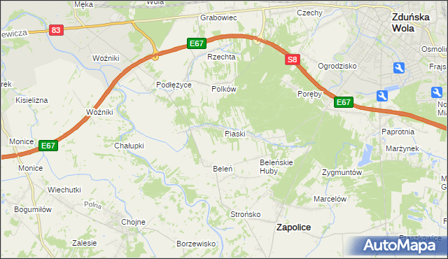 mapa Piaski gmina Zduńska Wola, Piaski gmina Zduńska Wola na mapie Targeo