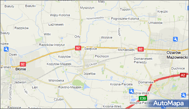 mapa Płochocin gmina Ożarów Mazowiecki, Płochocin gmina Ożarów Mazowiecki na mapie Targeo