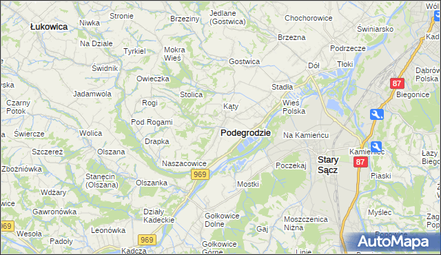 mapa Podegrodzie powiat nowosądecki, Podegrodzie powiat nowosądecki na mapie Targeo