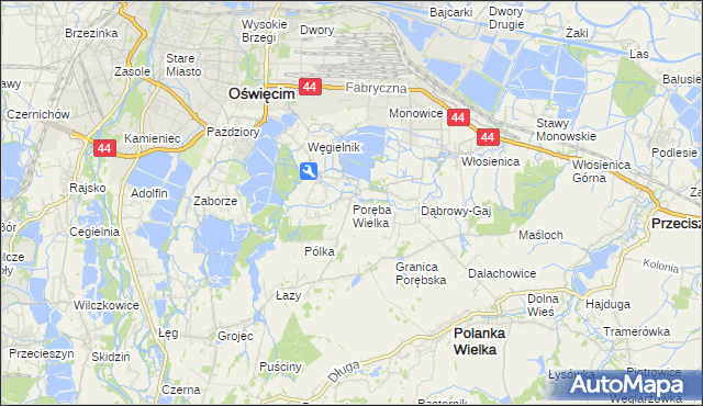 mapa Poręba Wielka gmina Oświęcim, Poręba Wielka gmina Oświęcim na mapie Targeo