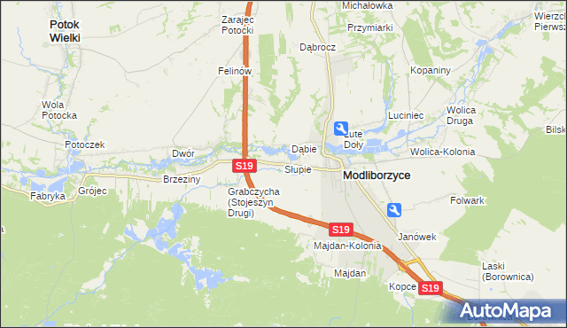 mapa Słupie gmina Modliborzyce, Słupie gmina Modliborzyce na mapie Targeo