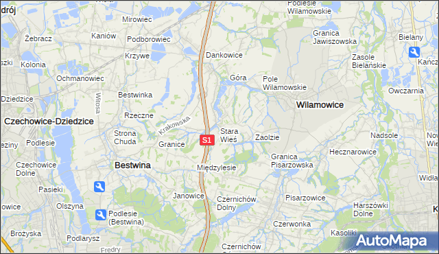 mapa Stara Wieś gmina Wilamowice, Stara Wieś gmina Wilamowice na mapie Targeo