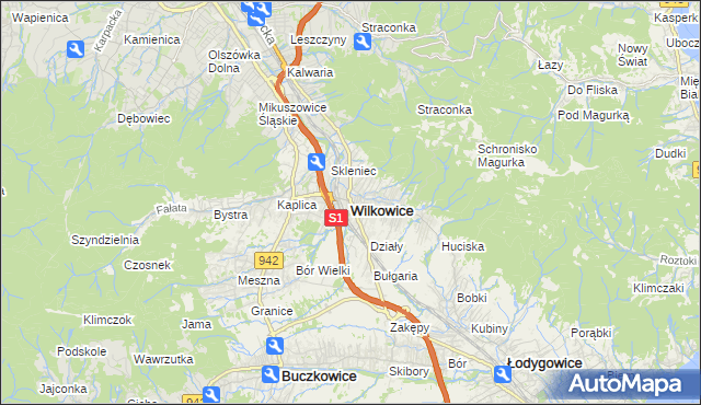 mapa Wilkowice powiat bielski, Wilkowice powiat bielski na mapie Targeo