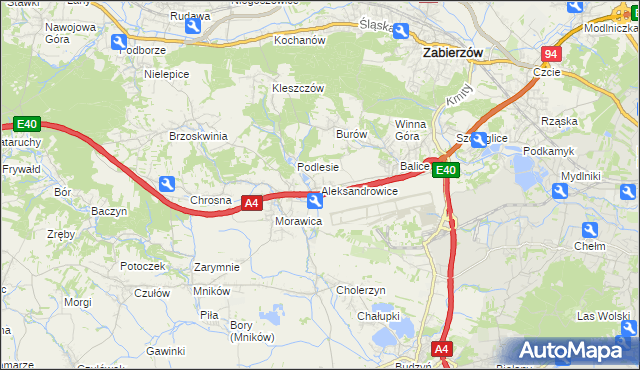 mapa Aleksandrowice gmina Zabierzów, Aleksandrowice gmina Zabierzów na mapie Targeo