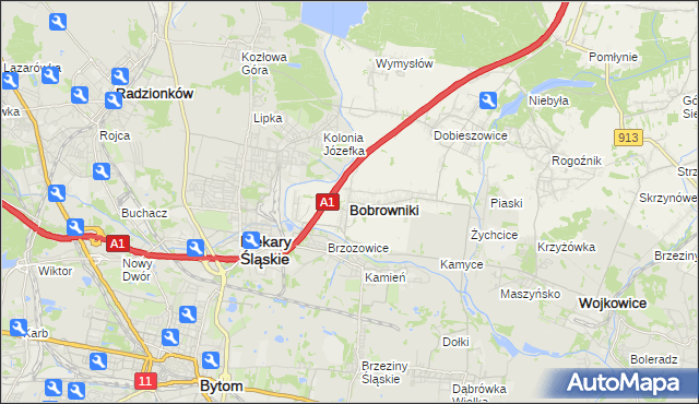 mapa Bobrowniki powiat będziński, Bobrowniki powiat będziński na mapie Targeo