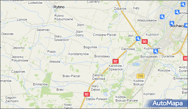 mapa Bronisławy gmina Rybno, Bronisławy gmina Rybno na mapie Targeo