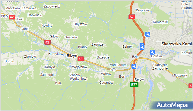 mapa Brzeście gmina Bliżyn, Brzeście gmina Bliżyn na mapie Targeo