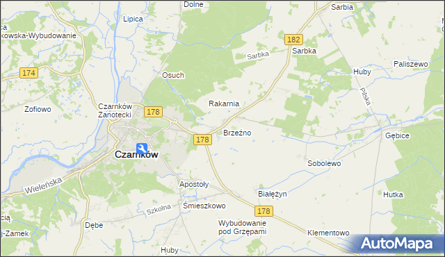 mapa Brzeźno gmina Czarnków, Brzeźno gmina Czarnków na mapie Targeo