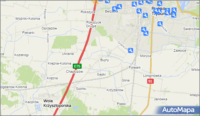 mapa Bujny gmina Wola Krzysztoporska, Bujny gmina Wola Krzysztoporska na mapie Targeo