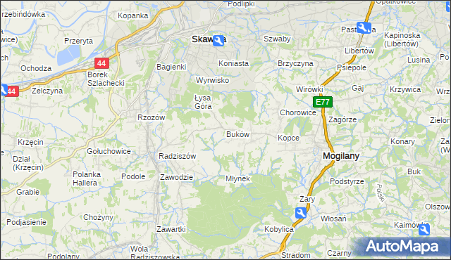 mapa Buków gmina Mogilany, Buków gmina Mogilany na mapie Targeo