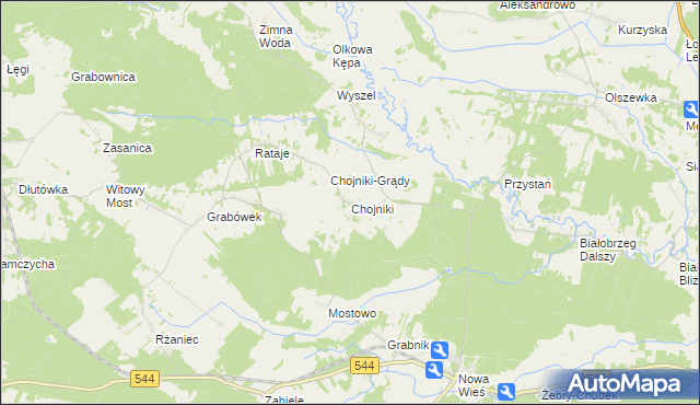 mapa Chojniki gmina Olszewo-Borki, Chojniki gmina Olszewo-Borki na mapie Targeo