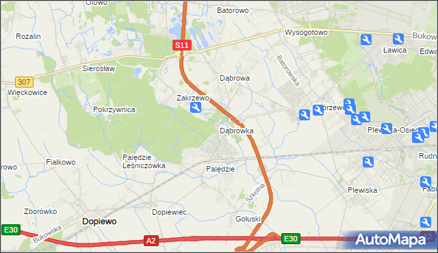 mapa Dąbrówka gmina Dopiewo, Dąbrówka gmina Dopiewo na mapie Targeo