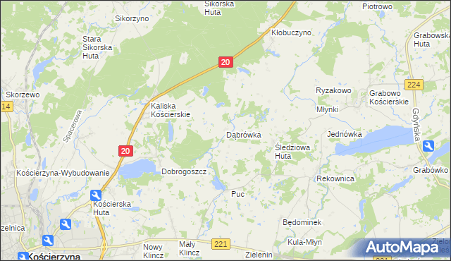 mapa Dąbrówka gmina Kościerzyna, Dąbrówka gmina Kościerzyna na mapie Targeo
