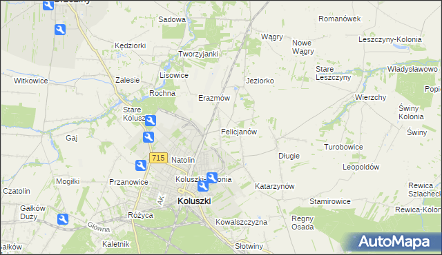 mapa Felicjanów gmina Koluszki, Felicjanów gmina Koluszki na mapie Targeo