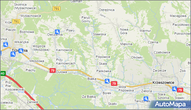 mapa Filipowice gmina Krzeszowice, Filipowice gmina Krzeszowice na mapie Targeo