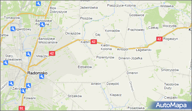 mapa Florentynów gmina Kodrąb, Florentynów gmina Kodrąb na mapie Targeo