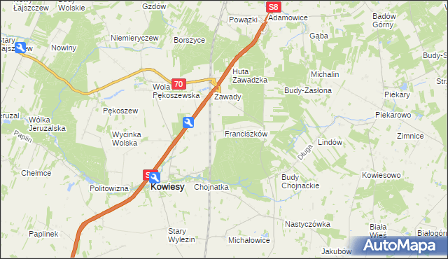 mapa Franciszków gmina Kowiesy, Franciszków gmina Kowiesy na mapie Targeo