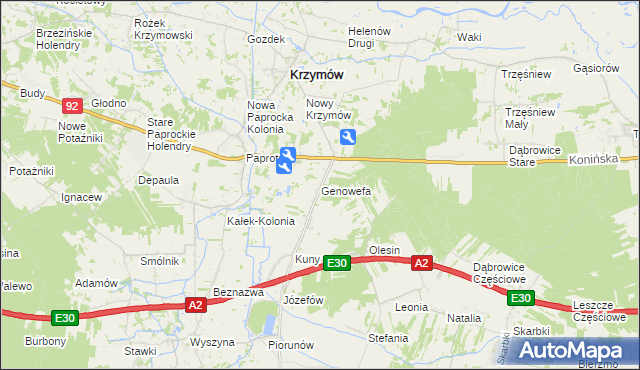 mapa Genowefa gmina Krzymów, Genowefa gmina Krzymów na mapie Targeo