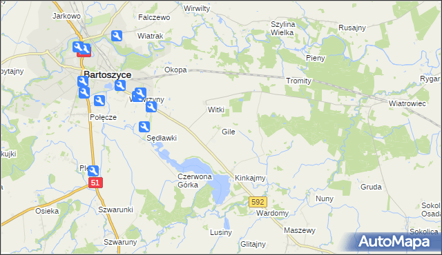 mapa Gile gmina Bartoszyce, Gile gmina Bartoszyce na mapie Targeo
