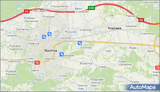 mapa Gorzków gmina Bochnia, Gorzków gmina Bochnia na mapie Targeo