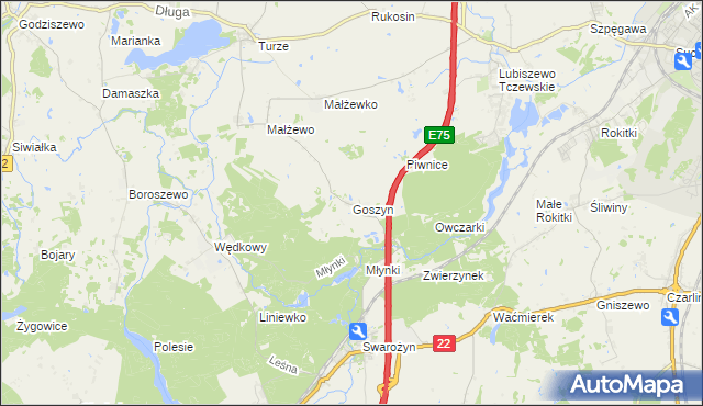 mapa Goszyn gmina Tczew, Goszyn gmina Tczew na mapie Targeo