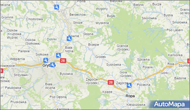 mapa Gródek gmina Grybów, Gródek gmina Grybów na mapie Targeo