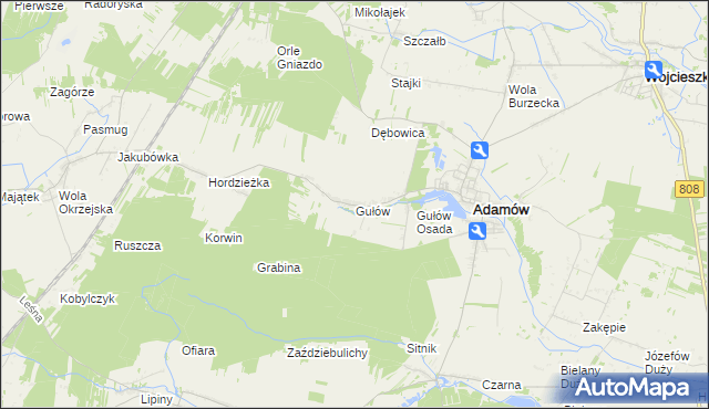 mapa Gułów gmina Adamów, Gułów gmina Adamów na mapie Targeo