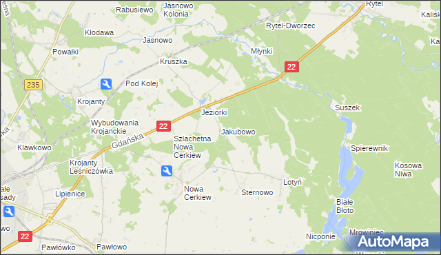 mapa Jakubowo gmina Chojnice, Jakubowo gmina Chojnice na mapie Targeo