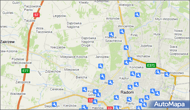 mapa Janiszew gmina Zakrzew, Janiszew gmina Zakrzew na mapie Targeo