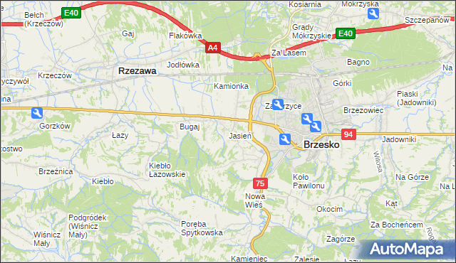 mapa Jasień gmina Brzesko, Jasień gmina Brzesko na mapie Targeo