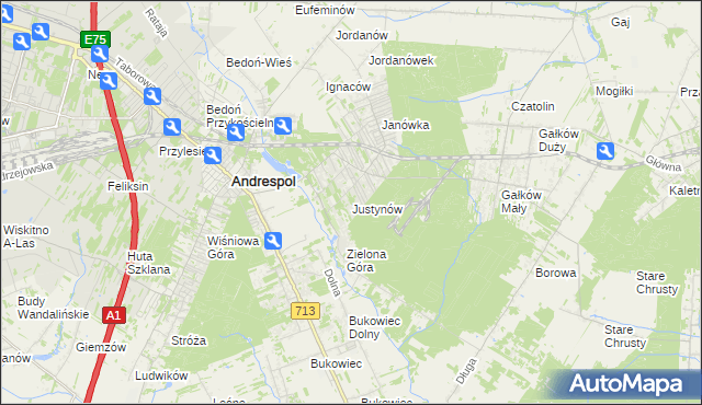 mapa Justynów gmina Andrespol, Justynów gmina Andrespol na mapie Targeo