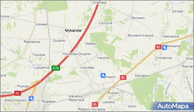 mapa Karolina gmina Rędziny, Karolina gmina Rędziny na mapie Targeo
